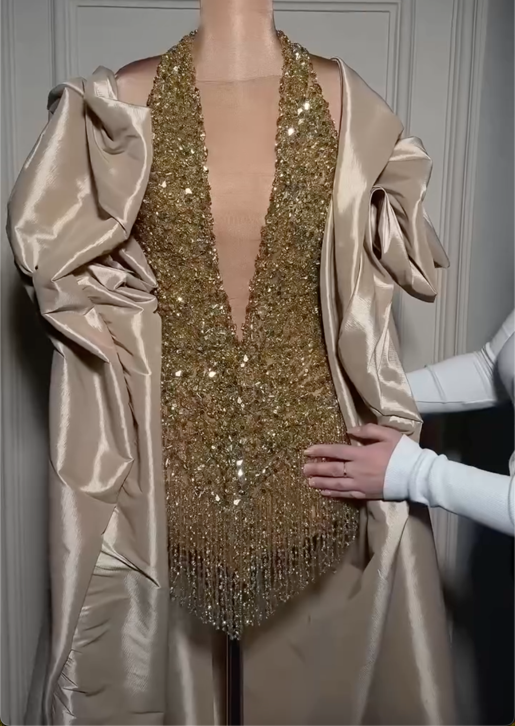 Gold Crystal Halter Neck Mini Cocktail Dress, Deep V Neck Fringe Sheer Mesh Party Dress