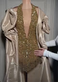 Gold Crystal Halter Neck Mini Cocktail Dress, Deep V Neck Fringe Sheer Mesh Party Dress