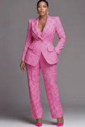 Hot Pink Lapel Collar Long Sleeve Pocket Two Piece Pant Suits