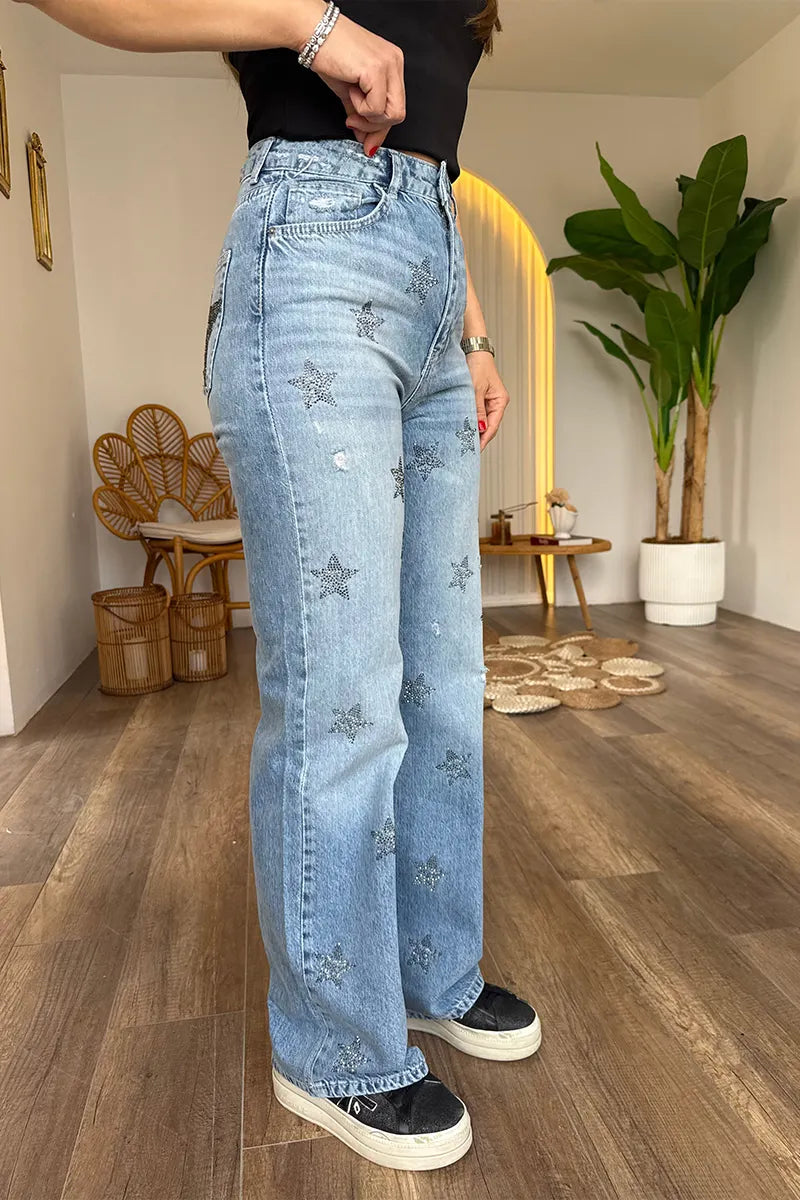 Women's Casual Loose Denim Pants with All-Over Sparkly Star Print