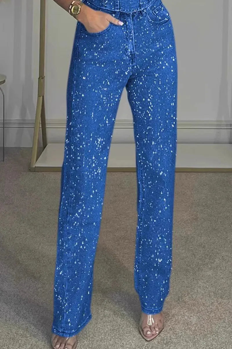 Ladies' Sexy Off Shoulder Sparkling Rhinestone Denim Top & Jeans