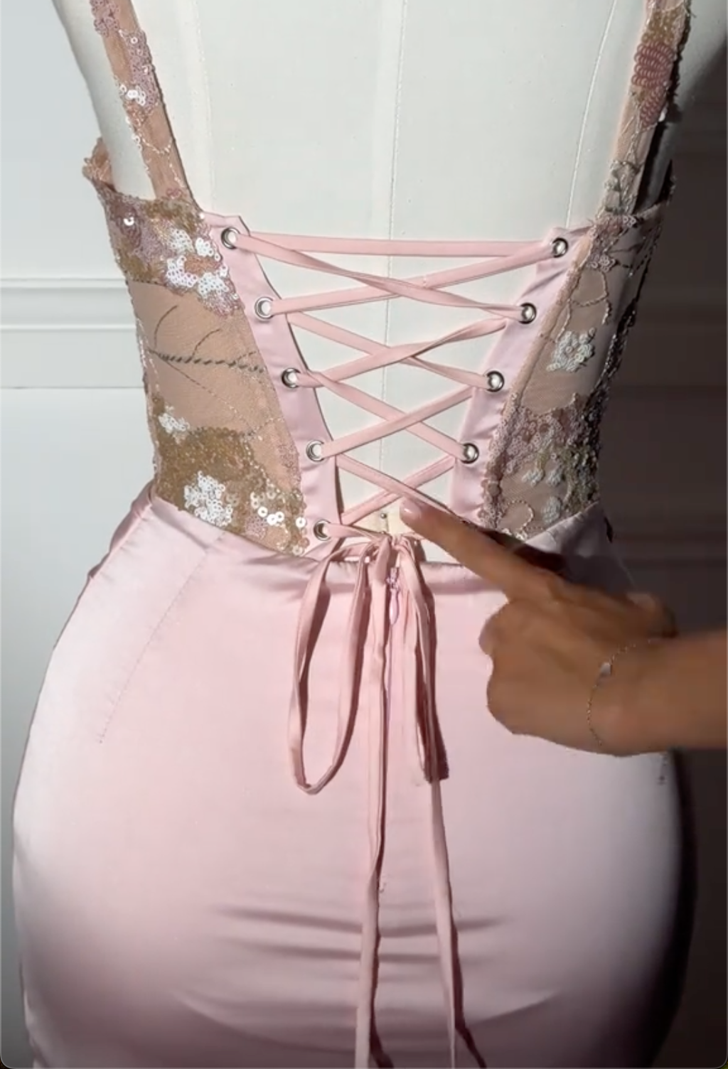 Pink Floral Sequin Corset Mini Dress with Satin Ruched Skirt & Lace-Up Back