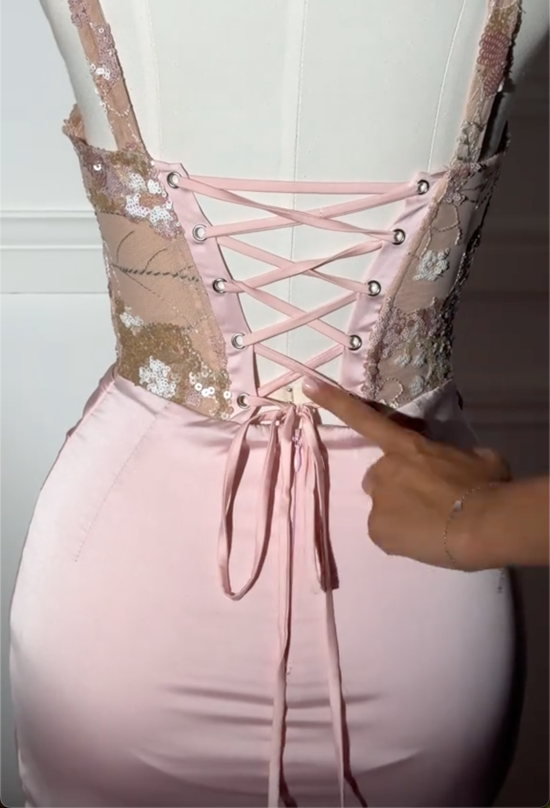 Pink Floral Sequin Corset Mini Dress with Satin Ruched Skirt & Lace-Up Back