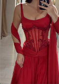 Red Square Neck Evening Maxi Dress - Beaded Floral Corset Formal Gown