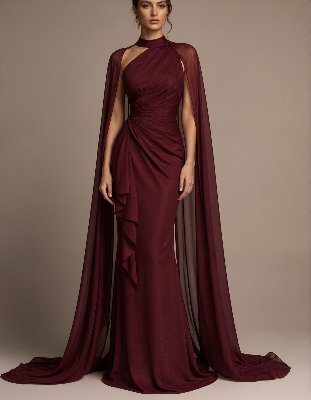 Burgundy High Neck Shawl Sleeve Chiffon Satin Maxi Dress