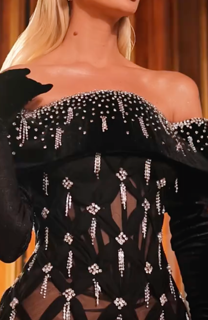 Black Off-Shoulder Rhinestone Mesh Maxi Dress