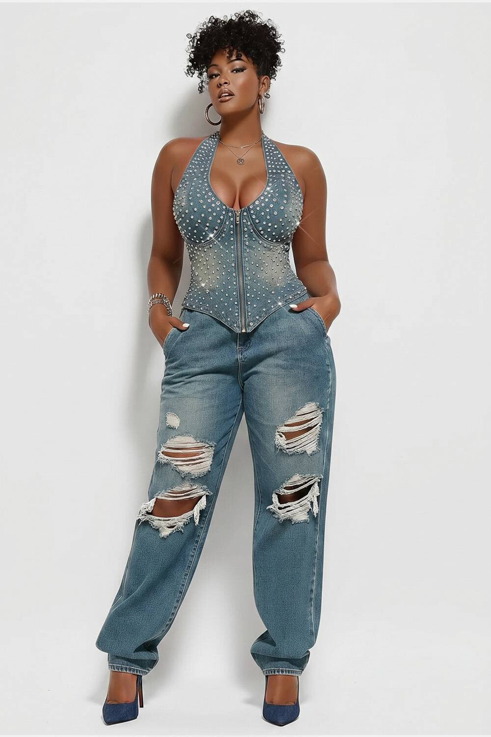 Xpluswear Design Plus Size Party Casual Light Blue V Neck Drilling Zipper Denim Tank Tops