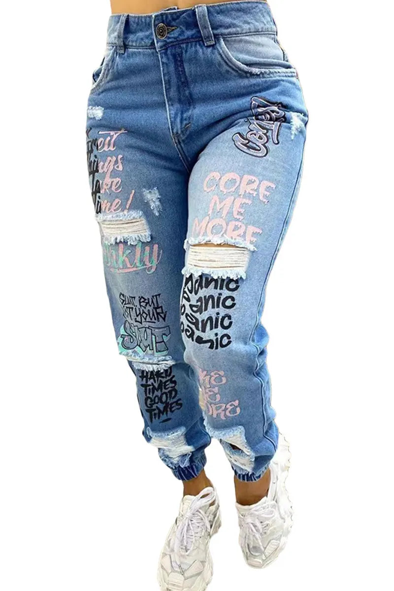 Distressed Skinny Jeans With Embroidered Lettering