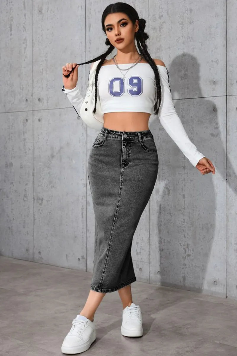 Ladies High-Waist Slimming Mid-Length Denim Skirt
