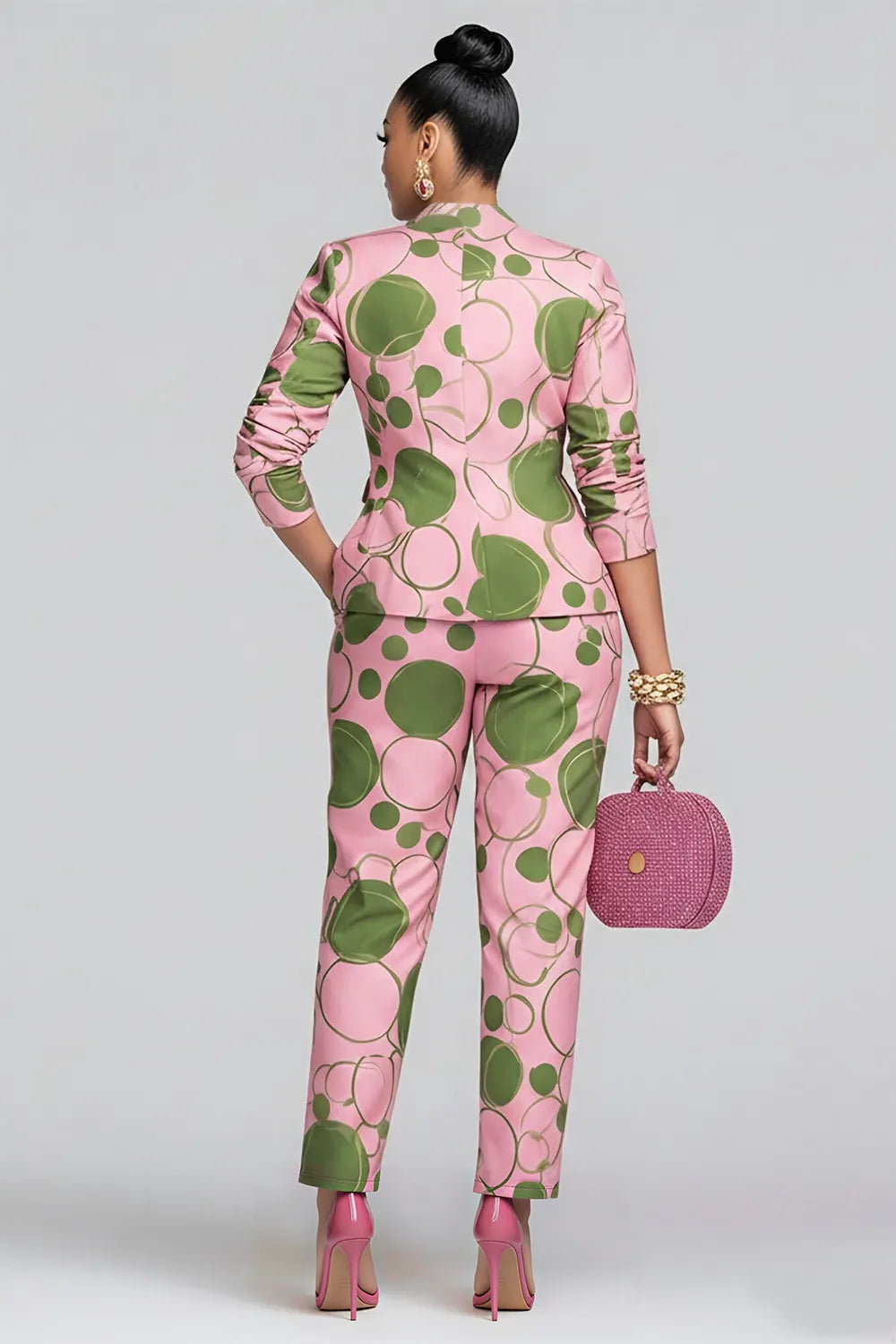 Business Casual Pink Polka Dot 3/4 Sleeve Pocket Satin Two Piece Pant Sets