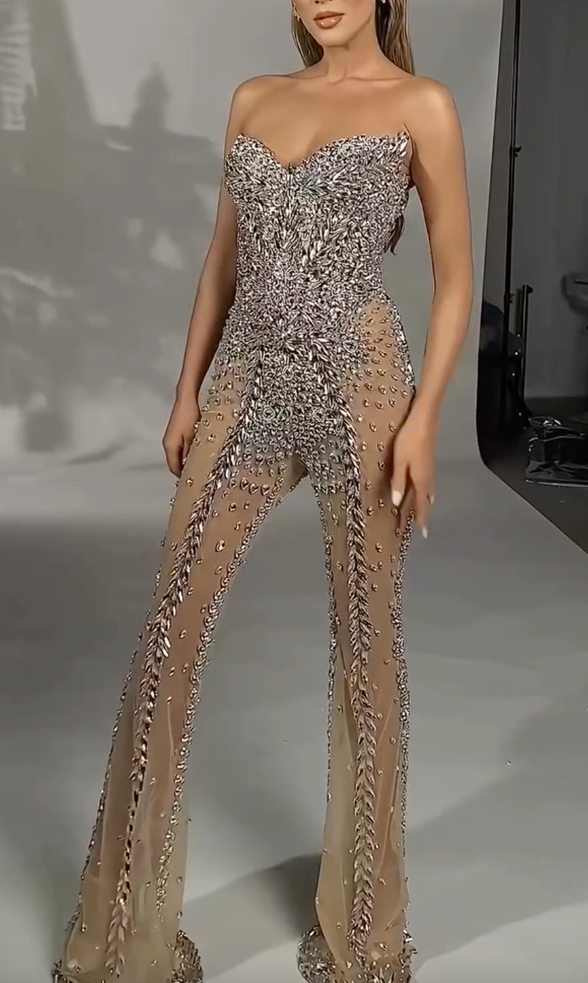 Silver Strapless Beaded Sheer Jumpsuit with Crystal Embellishments