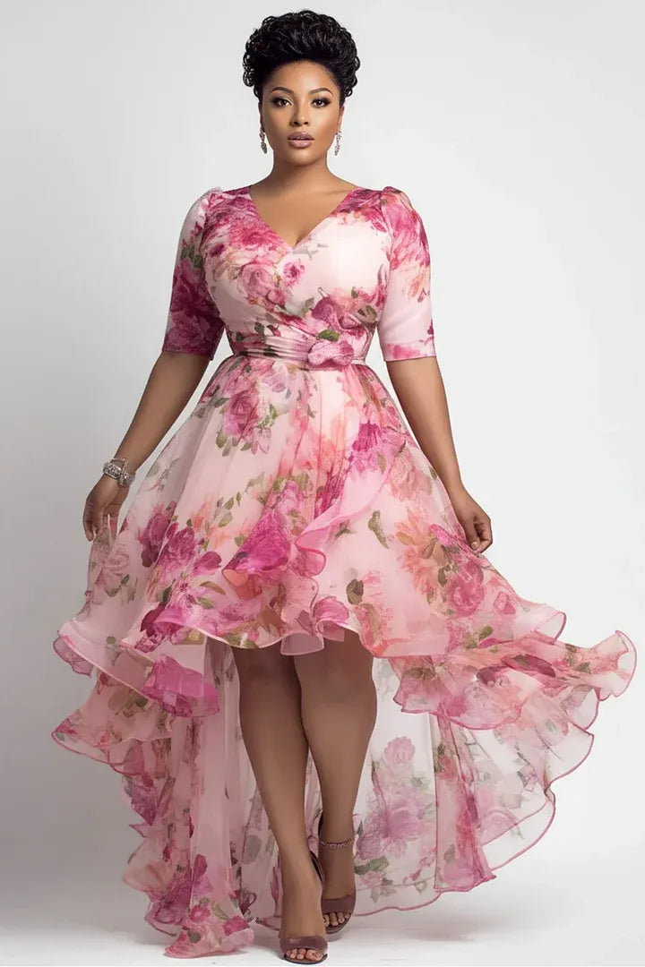 Party Pink Floral Wrap Neck Short Sleeve High Low Hem Ruffle Chiffon Mini Dresses