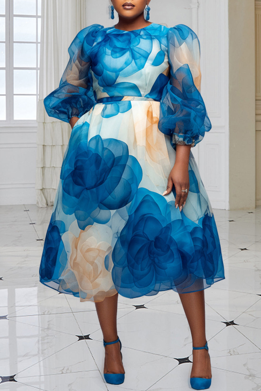 Cocktail Party Light Blue Round Neck Puff Sleeve 3/4 Sleeve Pocket Organza Midi Dresses