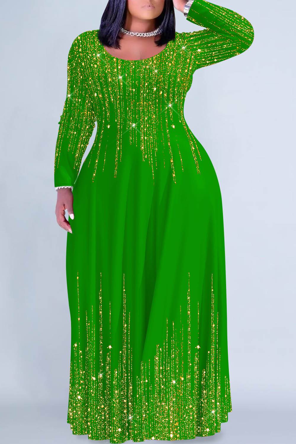 Christmas Black Gradient Round Neck Long Sleeve Maxi Dresses