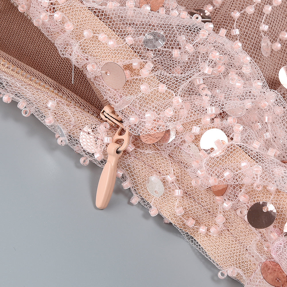 Nude Rhinestone Off-Shoulder Gown with 3D Leaf Detail & High Slit