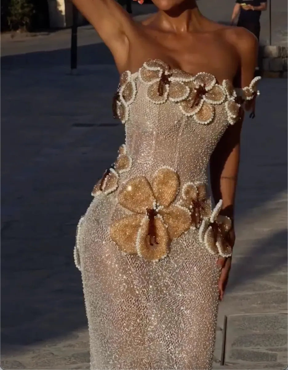 Champagne Strapless Rhinestone Beaded Maxi Evening Gown, 2 Styles 3D Floral / High‐Slit Formal Long Dress for Wedding Guest Prom Gala Red‐Carpet Photoshoot