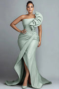 Sage Green Asymmetrical Collar One Shoulder Asymmetric Hem Irregular Hem Ruffle Satin Maxi Dresses
