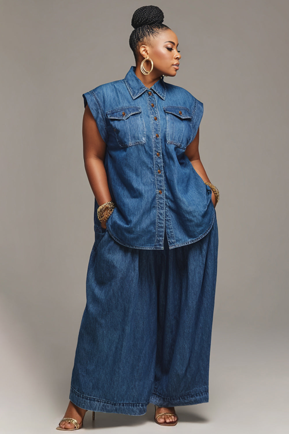Xpluswear Design Plus Size Business Casual Blue Shirt Collar Pocket Denim Two Piece Pant Sets