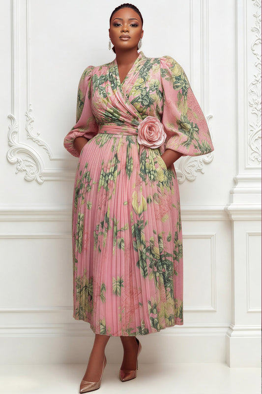 Wedding Guest Pink Floral Wrap Neck Lantern Sleeve 3/4 Sleeve 3D Pocket Chiffon Midi Dresses
