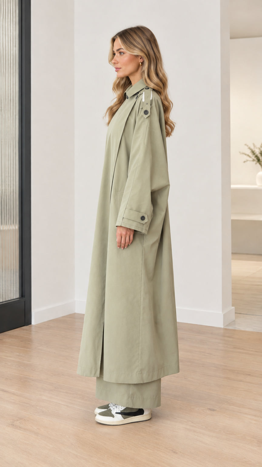 Women's Oversized Maxi Duster Trench Coat with Buttoned High Neck