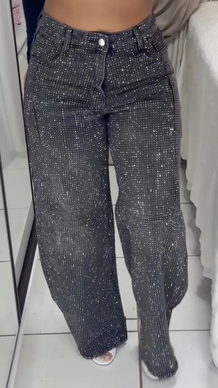 Over Rhinestone Wide Leg Cargo Denim Jeans