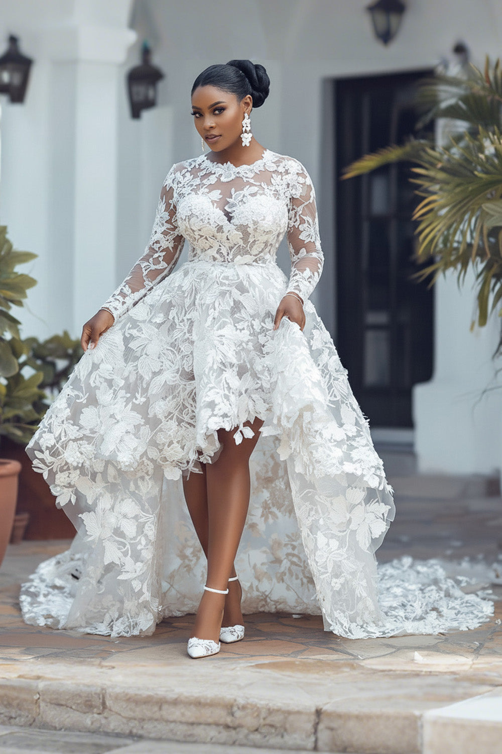 Wedding White Round Neck Long Sleeve See Through High Low Hem Guipure Lace Midi Dresses