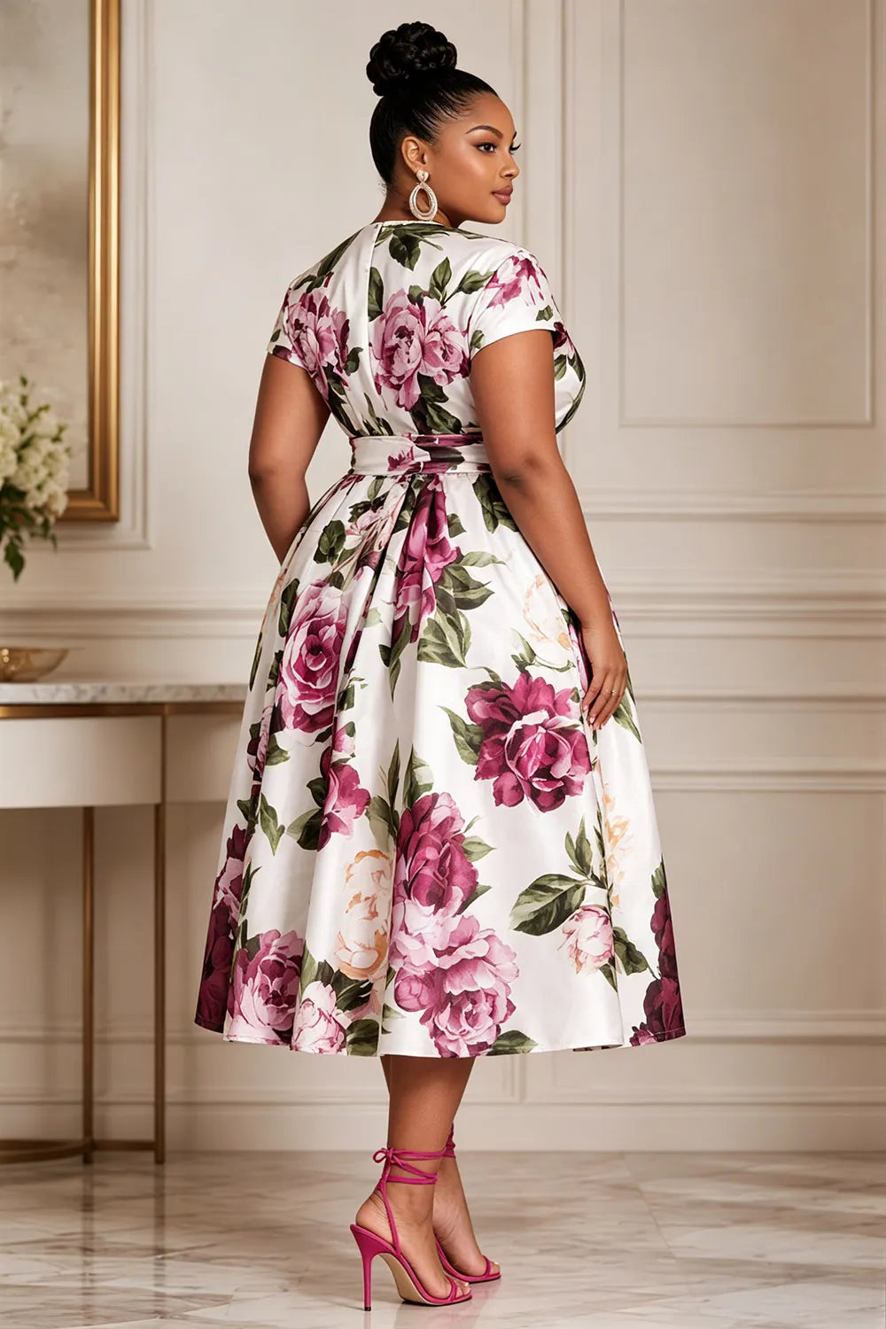 Wedding Guest Elegant Pink Floral Wrap Neck Short Sleeve Pocket Satin Midi Dresses [Pre-Order]