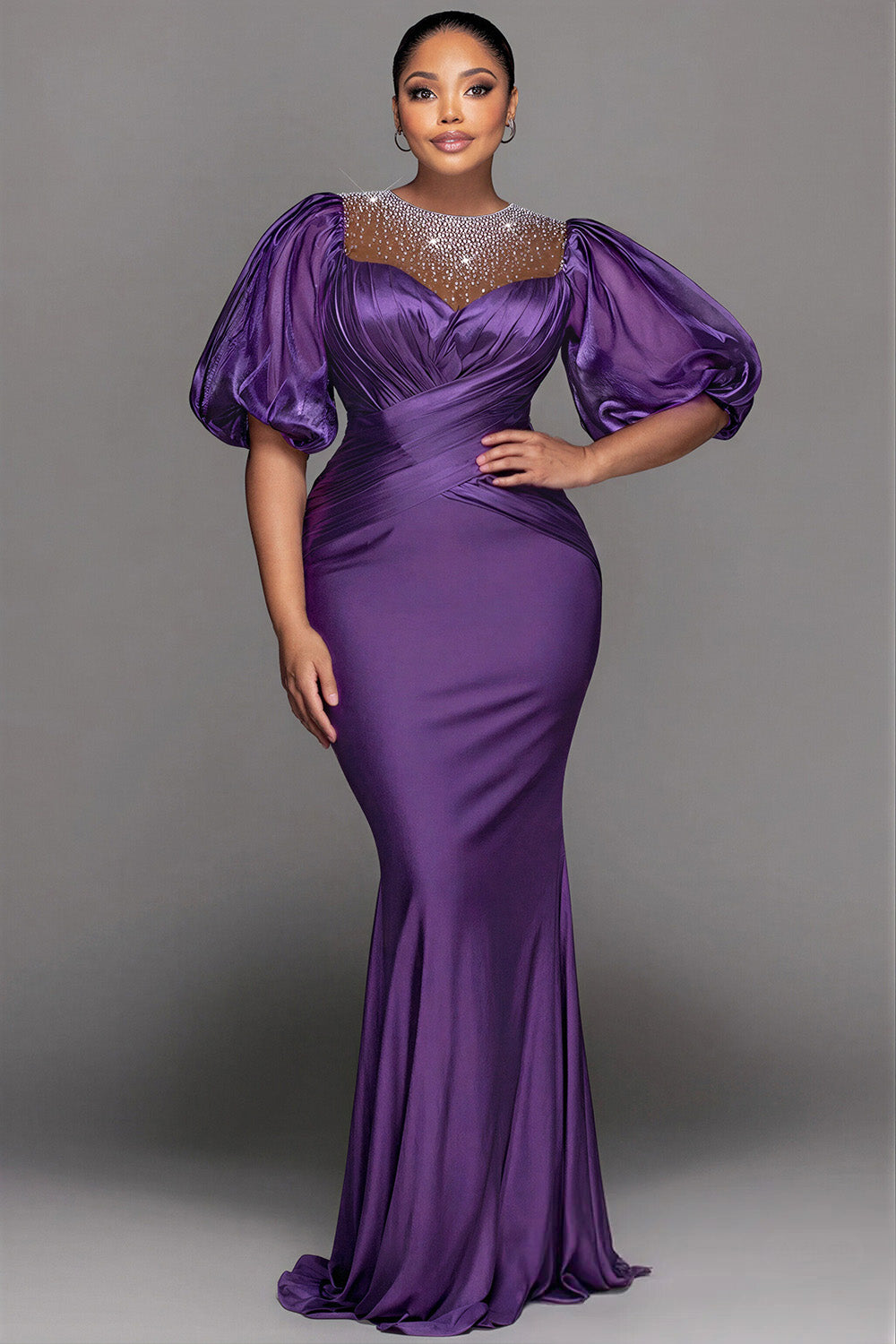 Organza Purple Round Neck Puff Sleeve Short Sleeve Drilling See Through Satin Maxi Dresses