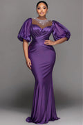 Organza Purple Round Neck Puff Sleeve Short Sleeve Drilling See Through Satin Maxi Dresses