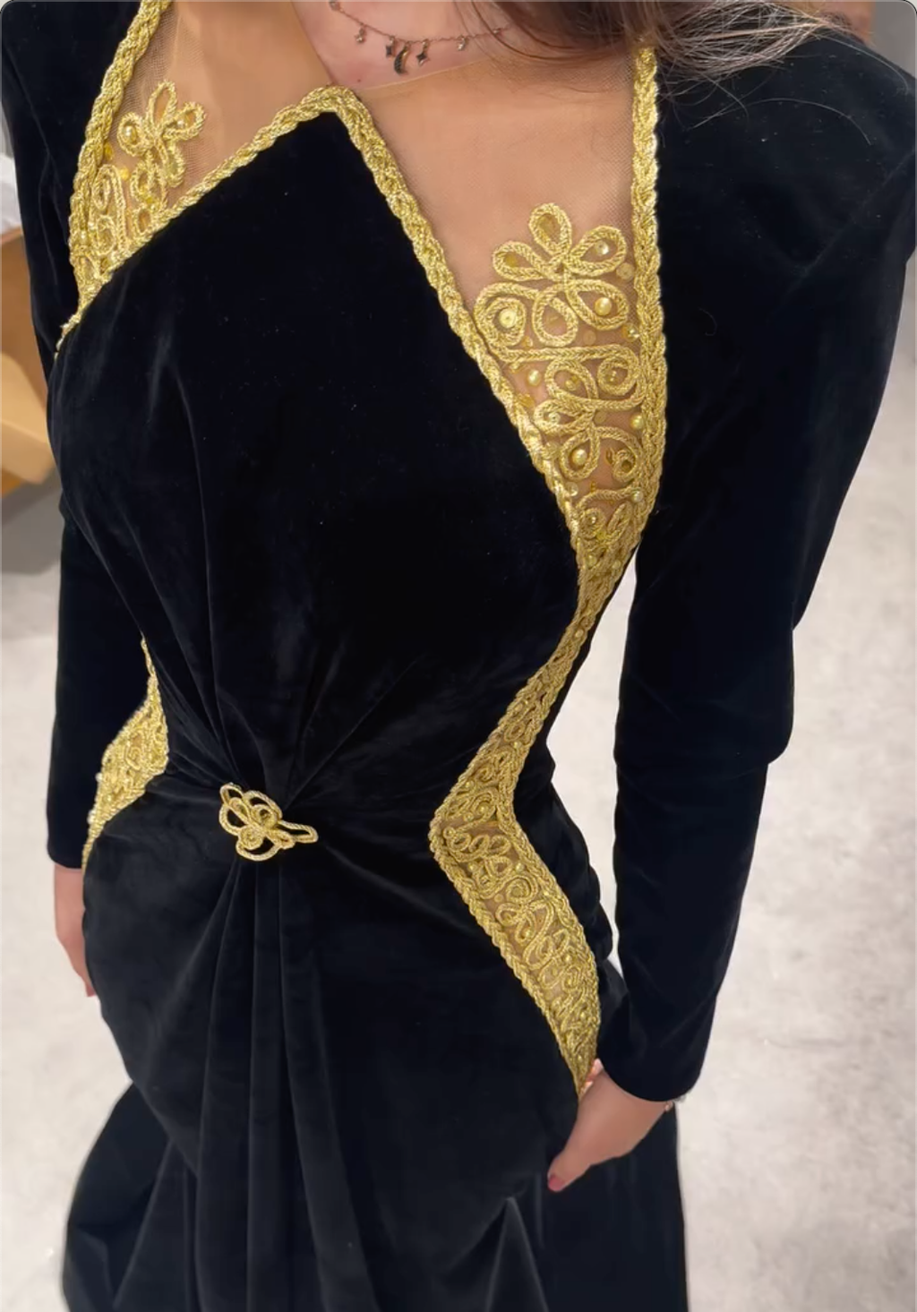Black Velvet Maxi Dress with Gold Embroidery & Sheer Mesh Panels