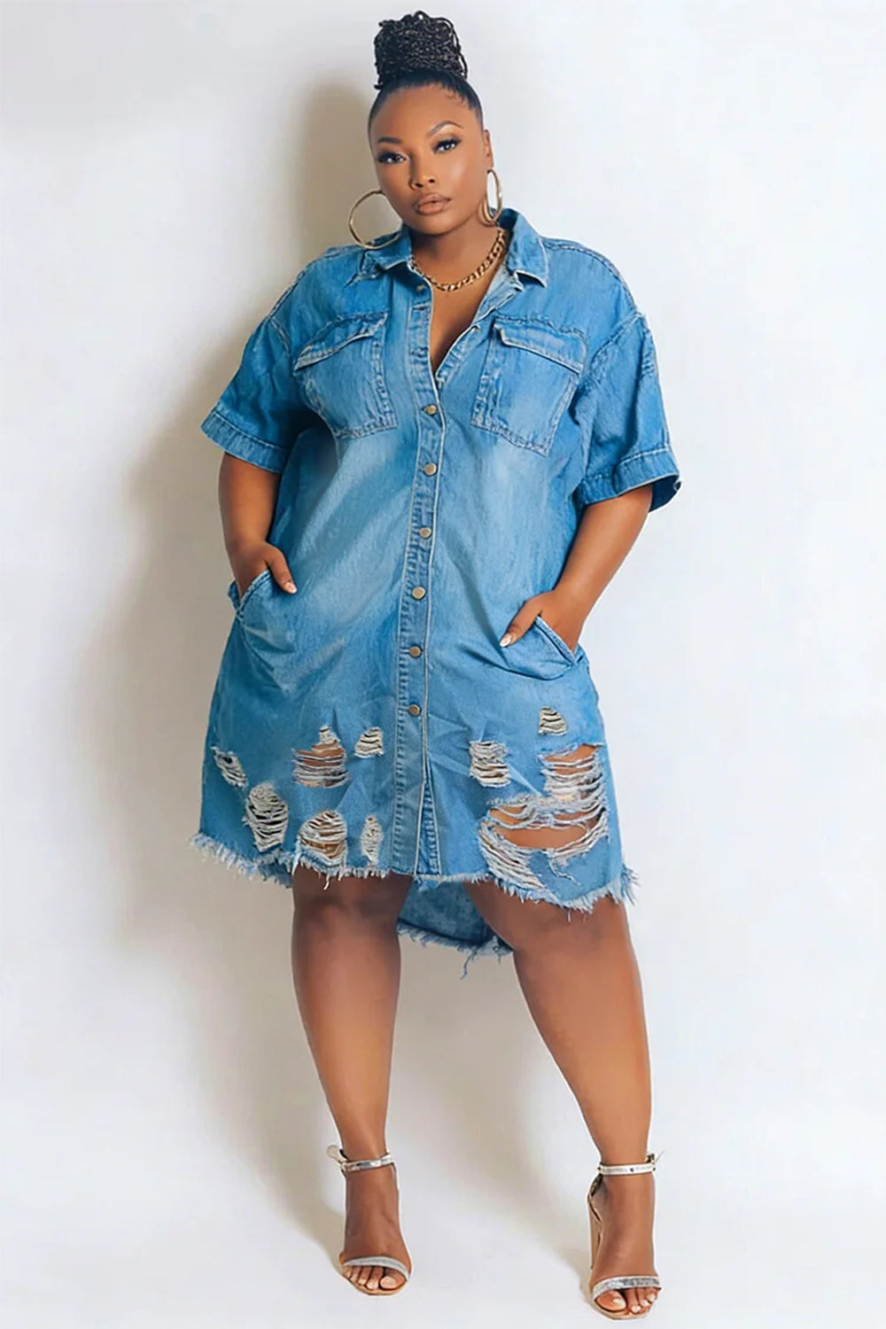 Xpluswear Design Plus Size Daily Blue Shirt Collar Short Sleeve Distressed Pocket Denim Mini Dresses