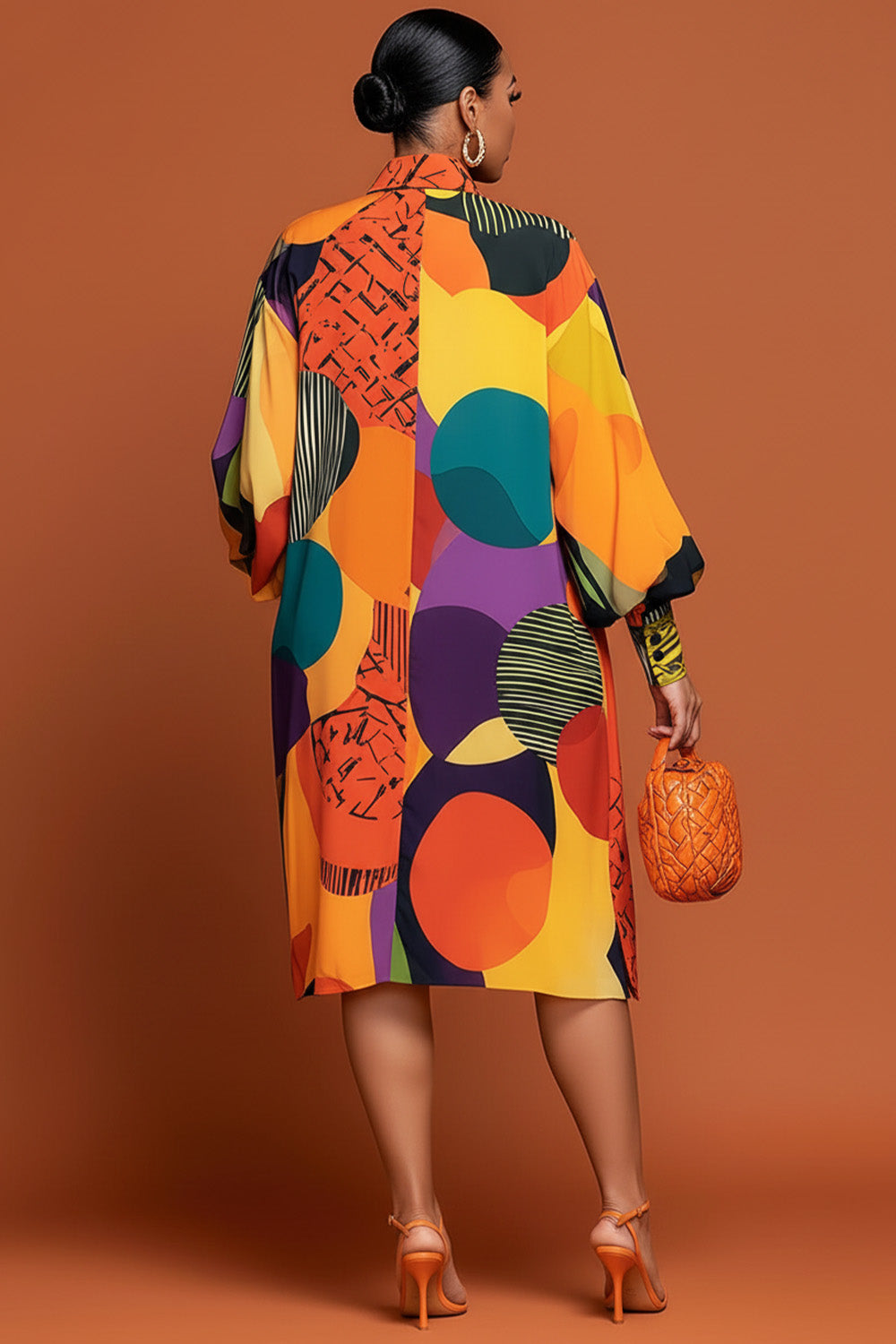 Daily Multicolor Graphic Shirt Collar Lantern Sleeve Long Sleeve Button Pocket Midi Dresses