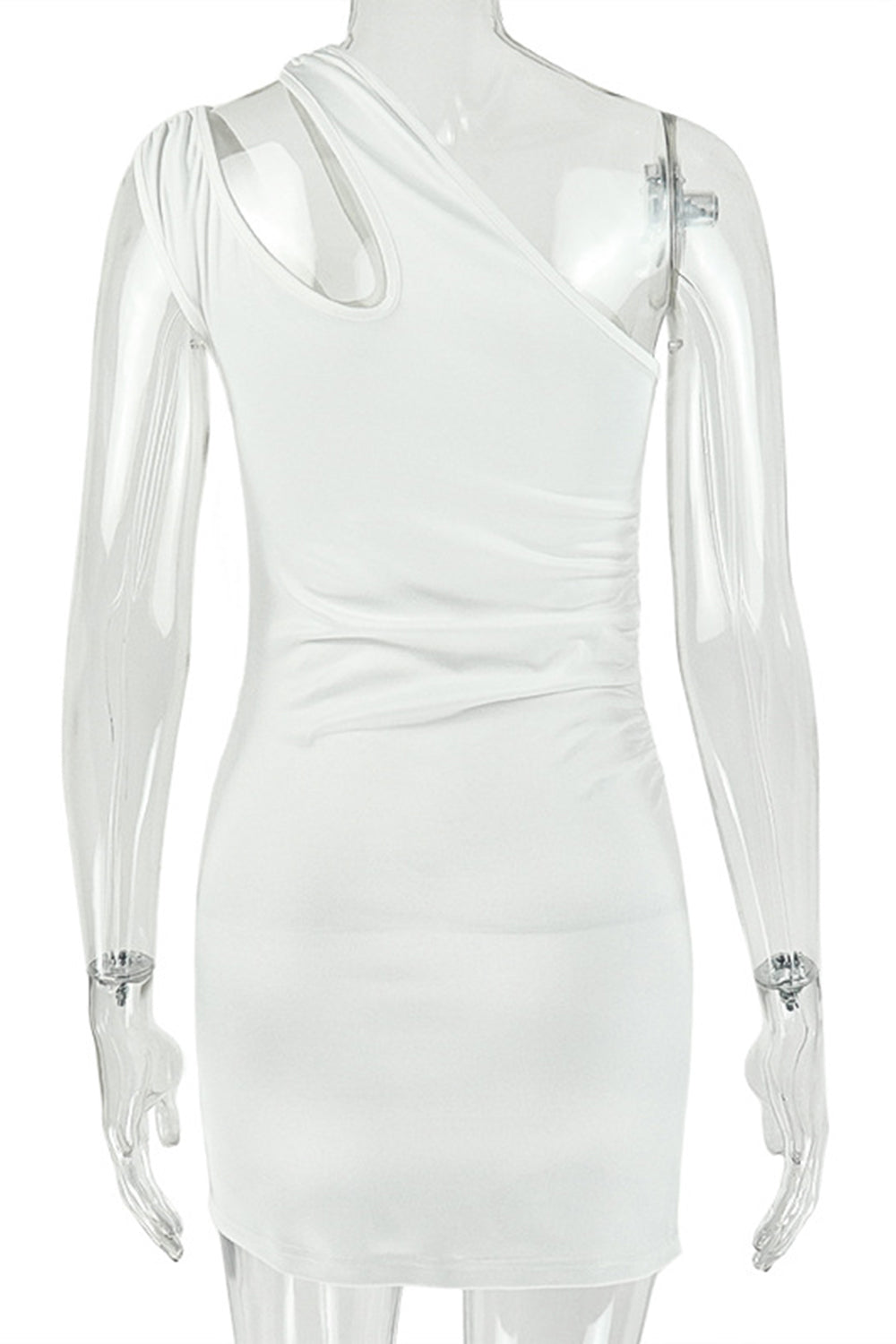 Cut Out One Shoulder Solid Color Ruched Bodycon Casual Mini Dresses-White