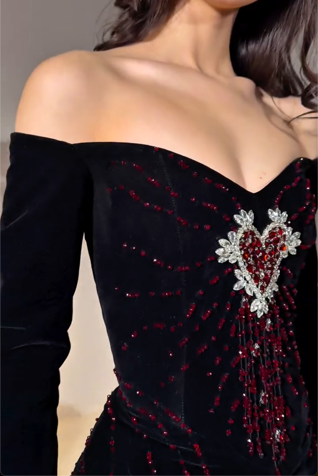 Black Off-the-Shoulder Velvet Maxi Dress with Red Heart Beading