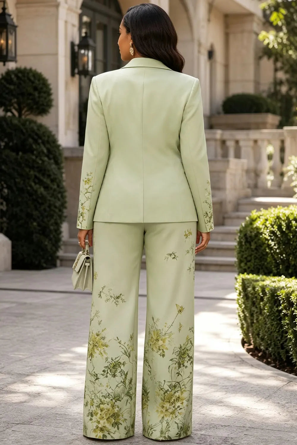 Business Casual Sage Green Floral Turndown Collar Long Sleeve Pocket Two Piece Pant Suits [Pre-Order]