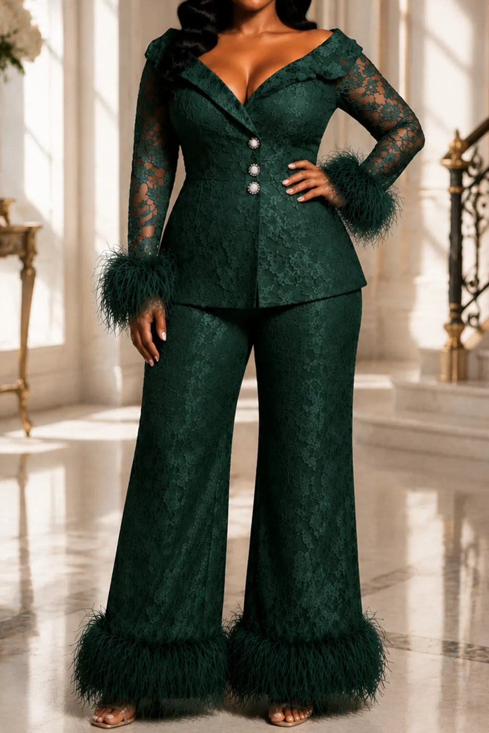 Emerald Green Off The Shoulder Long Sleeve Feather Pocket Lace Two Piece Pant Suits [Pre-Order]
