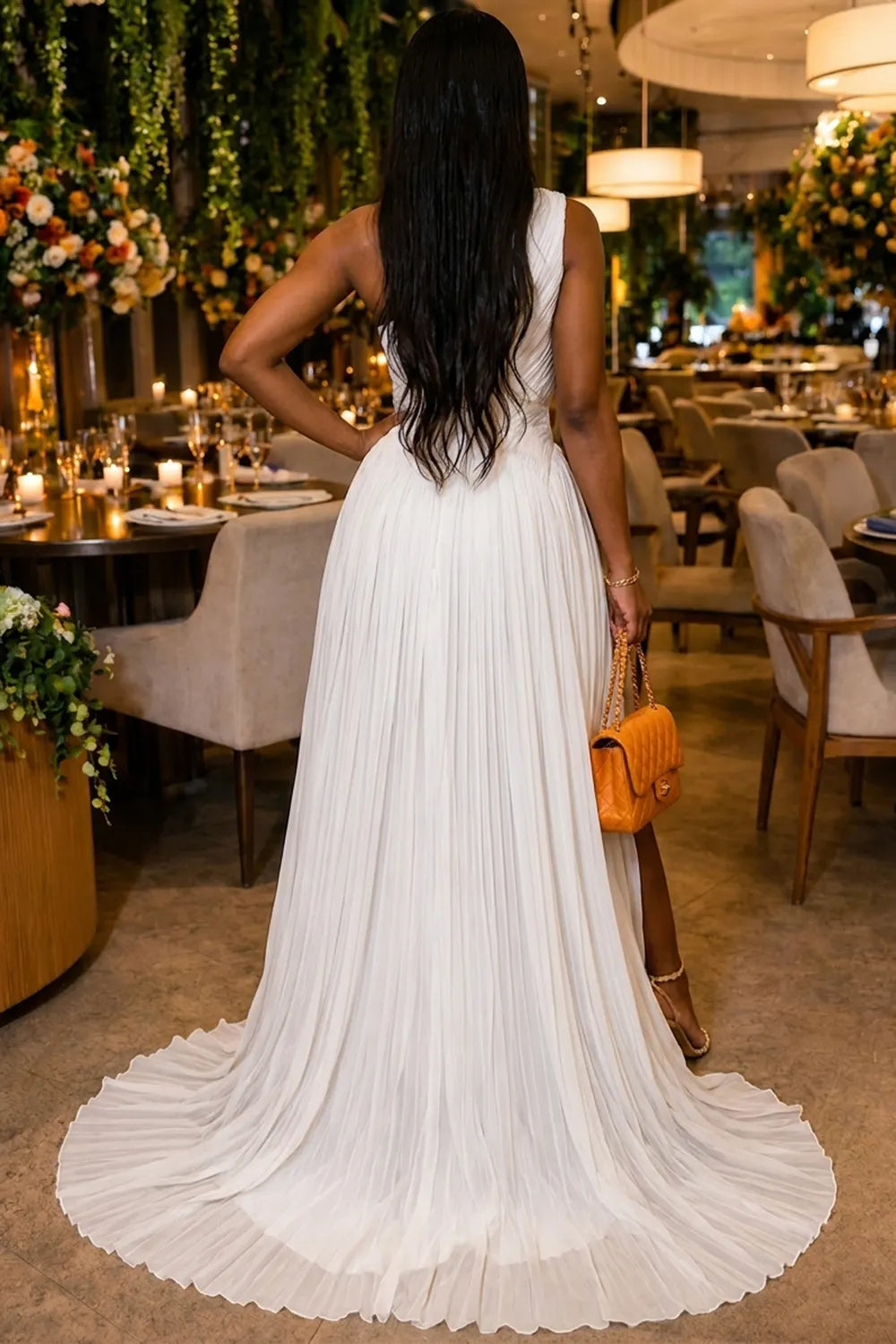 One Shoulder Pleated Slit Evening Gowns Maxi Dresses-White [Pre Order]