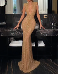 Gold Beaded High Neck Mermaid Maxi Evening Dress, Cap Sleeve Sheer Mesh Formal Prom Gown
