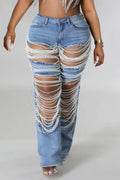 Plus Size Daily Jeans Casual Blue   Pearls Denim Jeans