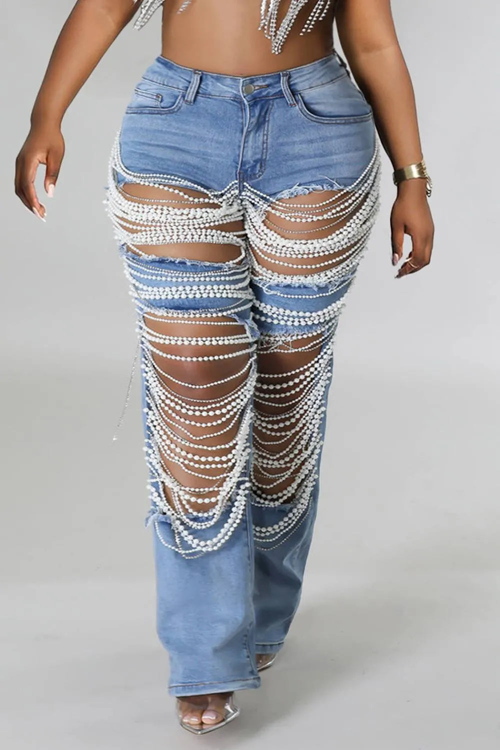 Plus Size Daily Jeans Casual Blue   Pearls Denim Jeans