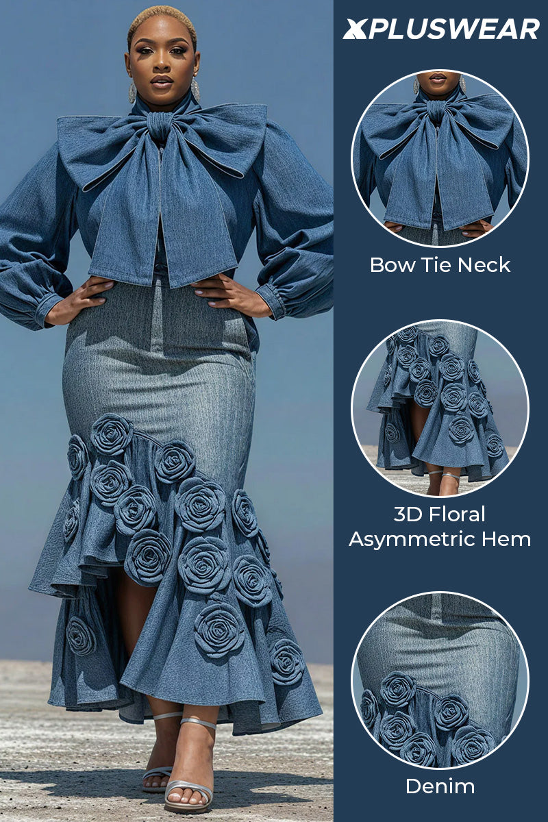 Xpluswear Design Plus Size Cocktail Party Blue Puff Sleeve Long Sleeve Bodycon Elegant Bow Tie Denim Two Piece Skirt Sets