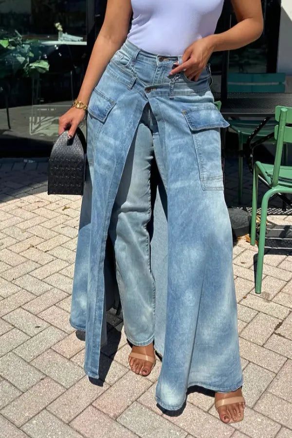 Women's Fashion Double-Layer Jeans Washed Denim Long Skort