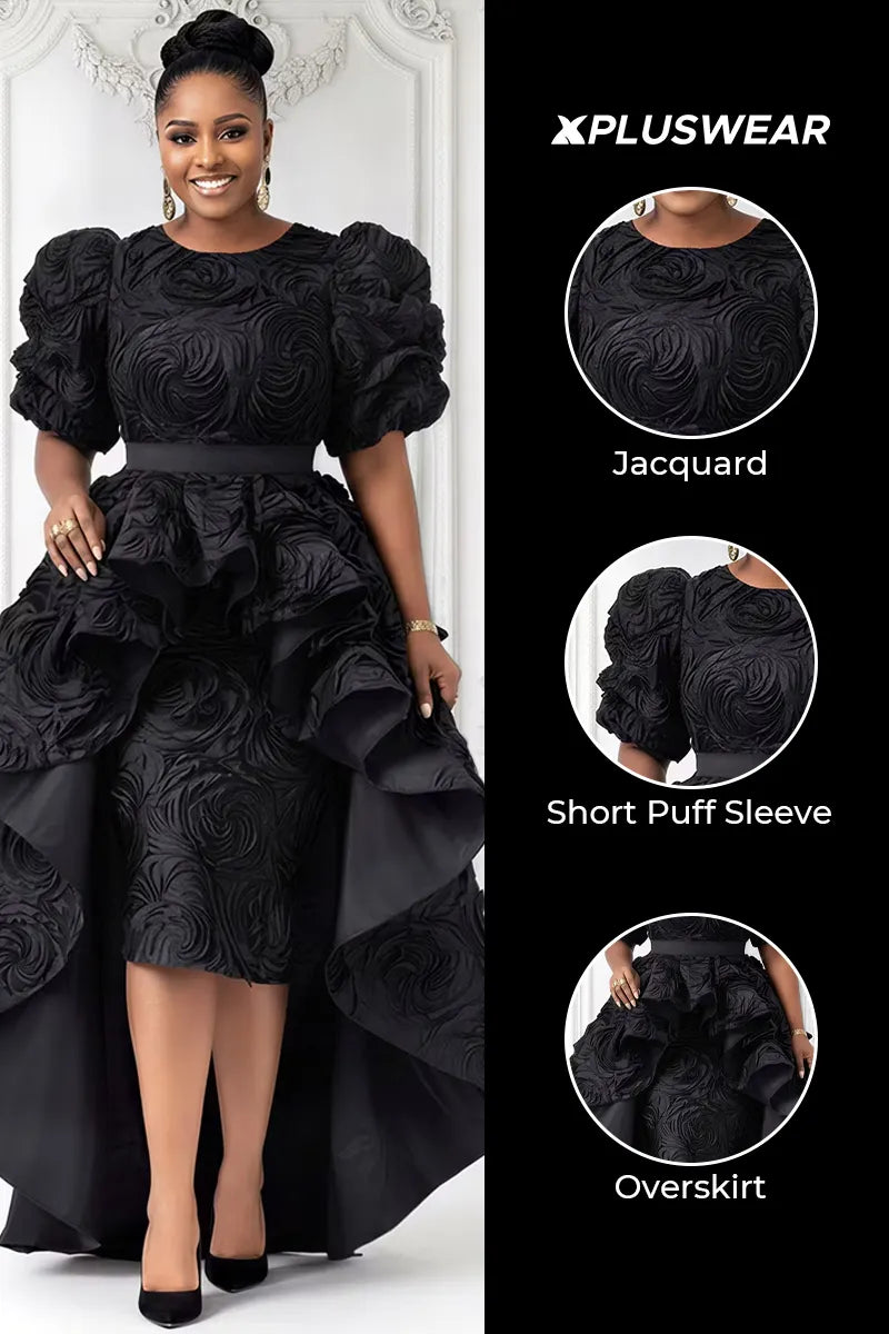 Jacquard  Black Round Neck Puff Sleeve Short Sleeve With Skirt Overlay Midi Dresses