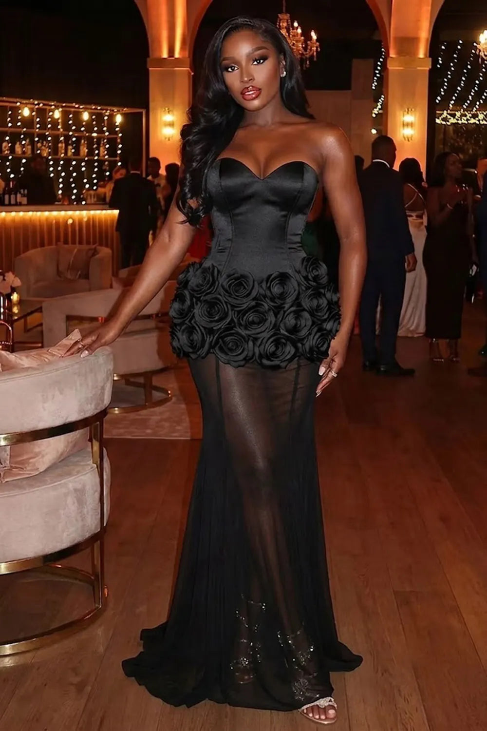 Strapless 3D Floral Mesh Mermaid Evening Gowns Maxi Dresses-Black [Pre Order]