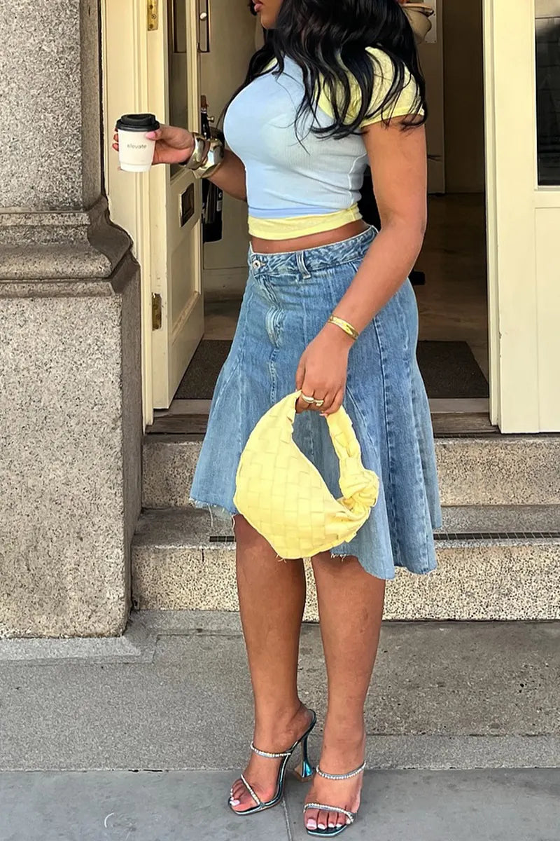 Women's Fashion Flounce Panel Hem Denim Skirt
