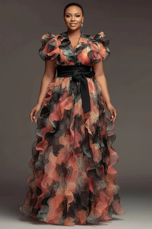 Wedding Guest Pink Floral Wrap Neck Short Sleeve Ruffle Contrast Chiffon Maxi Dresses