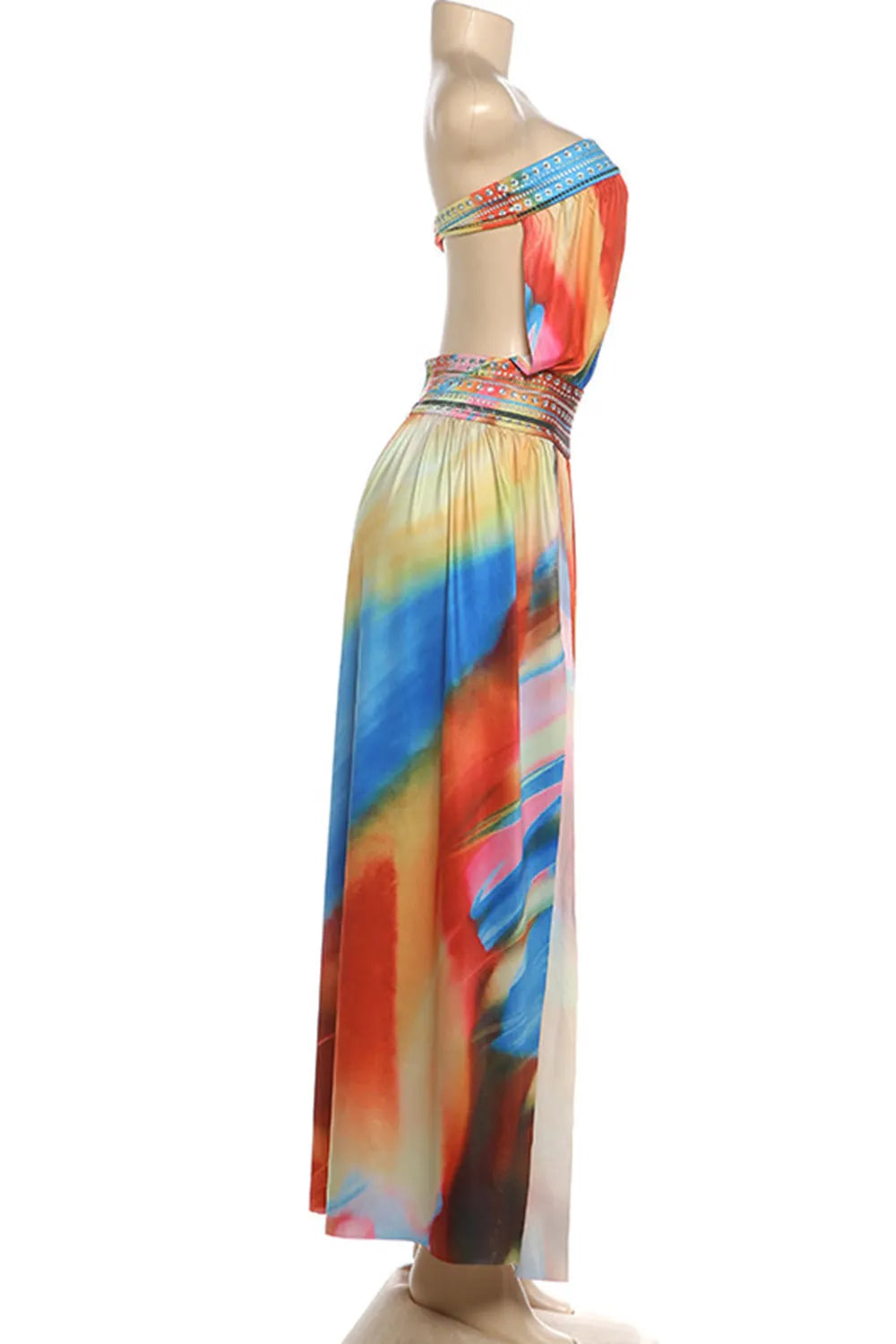 Tie Dye Print Strapless Cut Out High Slit Vacation Maxi Dresses-Multicolor