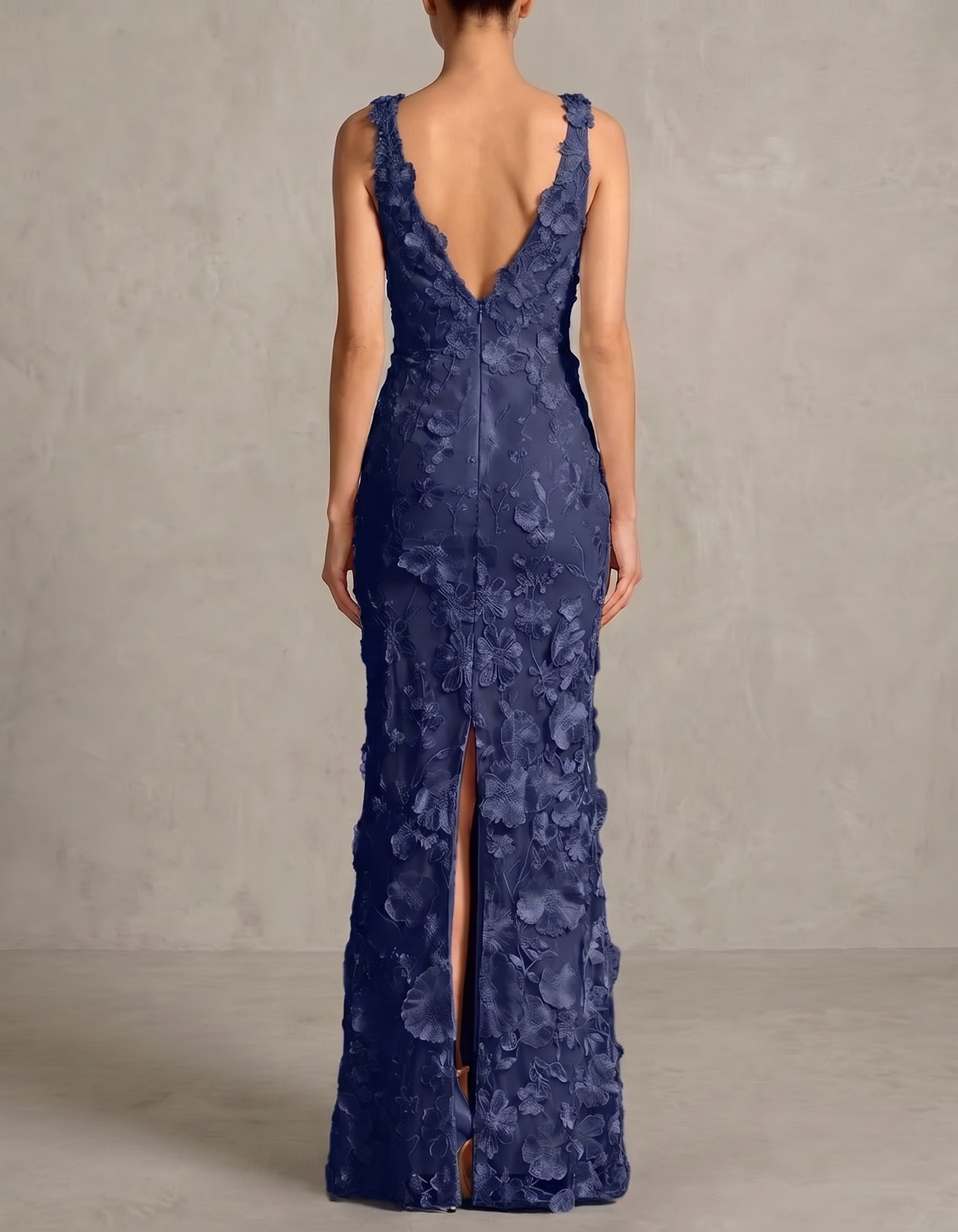 Navy Blue Chiffon Lace Embroidered Halter Fishtail Maxi Dress