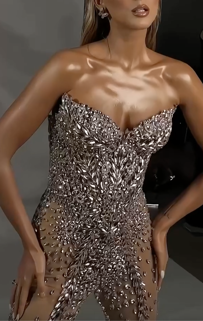 Silver Strapless Beaded Sheer Jumpsuit with Crystal Embellishments