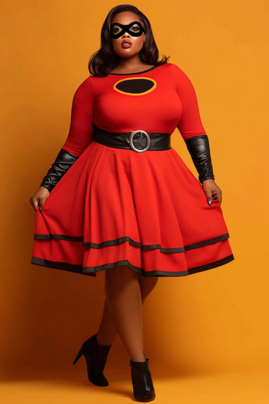 Halloween Red Round Neck Long Sleeve Ruffle Casual Contrast Mini Dresses